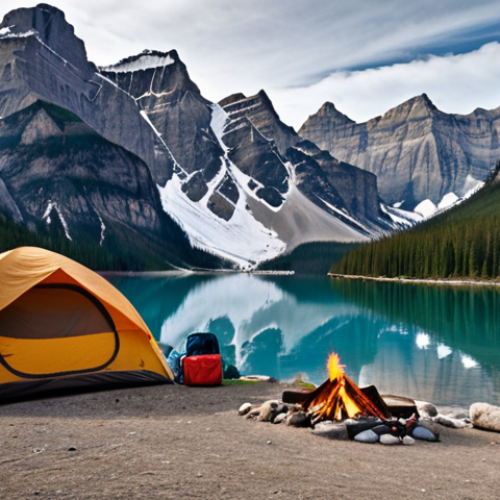 Home 11 **
A scenic view of Banff National Park, showing the Rocky Mountains reflected in a pristine lake. A family is setting up camp near the shore. Include a tent, campfire, and camping gear. The overall mood should be peaceful and awe-inspiring.
**