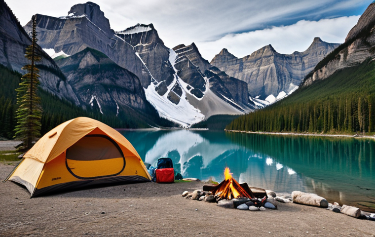 **
A scenic view of Banff National Park, showing the Rocky Mountains reflected in a pristine lake. A family is setting up camp near the shore. Include a tent, campfire, and camping gear. The overall mood should be peaceful and awe-inspiring.
**